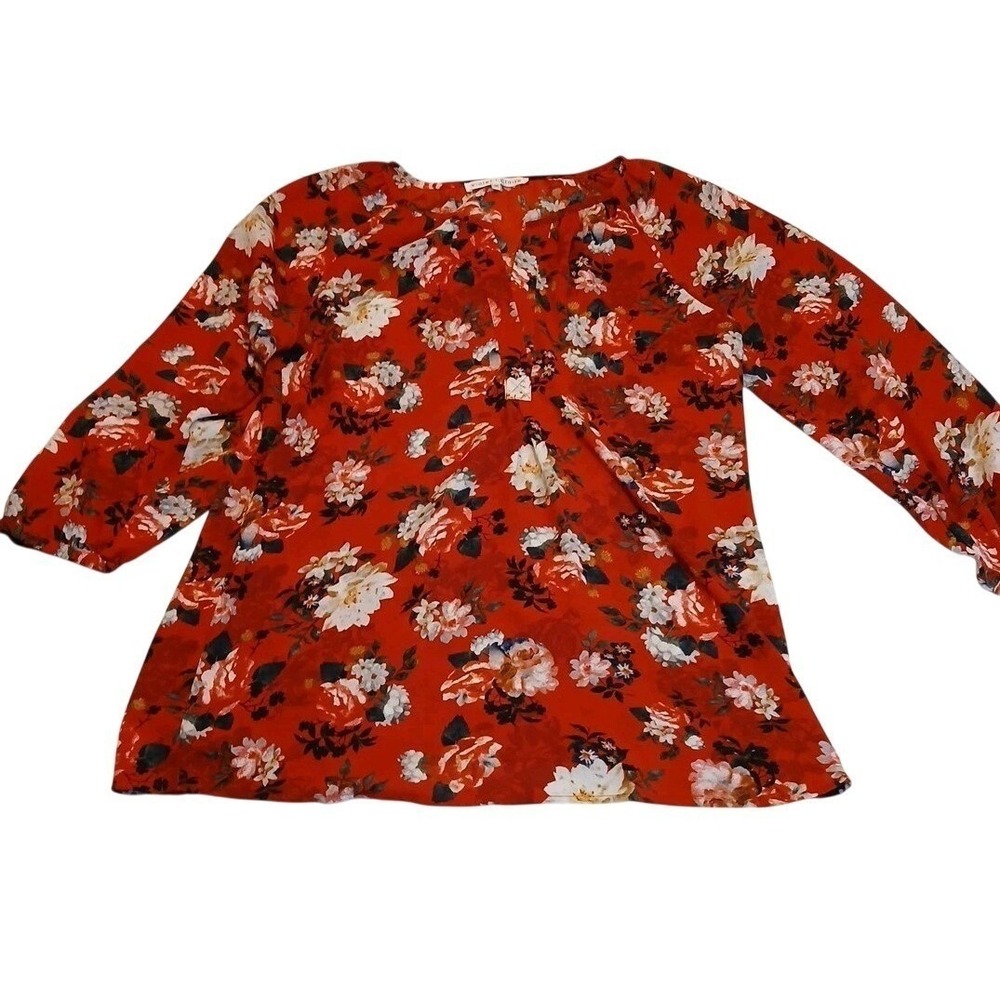 Womens Floral Blouse Medium Red White Long‎ Sleeve Boho Lightweight Top